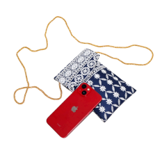 Navy Blue Floral Design Cotton Clutch Bag with Mirror Work and Gold Chain