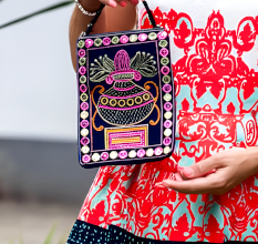 Cotton Mirror Work Hand Bag with Colorful Embroidery and Beaded Chain
