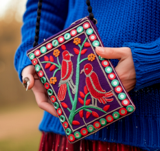 Handmade Cotton Mirror Hand Bag with Birds Design