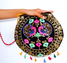 Cotton and Beads Embroidered Handbag with Colorful Tassels