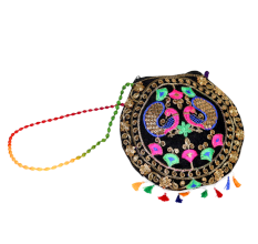 Cotton and Beads Embroidered Handbag with Colorful Tassels