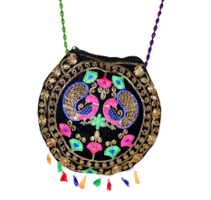 Cotton and Beads Embroidered Handbag with Colorful Tassels
