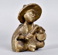 Brass Chinese Man Statue Playing Drum in Tribal Art for Decor
