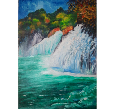 Twin Waterfalls in Autumn Forest Acrylic on Canvas by Artist Gayatri Sharma | 25 x 17 inches