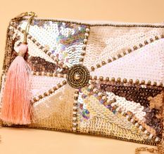 Iridescent Sequin Clutch with Central Beadwork & Tassel Accent