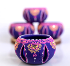 Decoreer Handmade Handicraft Home Décor Terracotta Jali Round Diya / Tealight-Tlight Candle Holder - Purple -set of 4