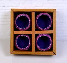 Handmade Washable Terracotta Jali Round Diya Tealight T-Light Candle Holder - Purple - Set of 4