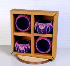 Handmade Washable Terracotta Jali Round Diya Tealight T-Light Candle Holder - Purple - Set of 4