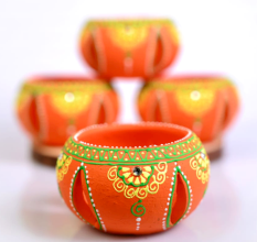 Decoreer Handmade Handicraft Home Décor Terracotta Jali Round Diya / Tealight-Tlight Candle Holder - Orange -set of 4