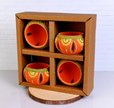 Terracotta Washable Jali Round Diya Tealight T-Light Candle Holder - Orange - Set of 4