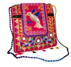 Pink Ethnic Cotton Crossbody Bag with Bird Motif & Mirror Work - Jaipuri Handmade Embroidered Sling Bag