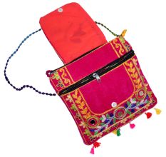 Pink Ethnic Cotton Crossbody Bag with Bird Motif & Mirror Work - Jaipuri Handmade Embroidered Sling Bag