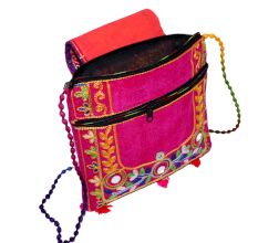 Pink Ethnic Cotton Crossbody Bag with Bird Motif & Mirror Work - Jaipuri Handmade Embroidered Sling Bag