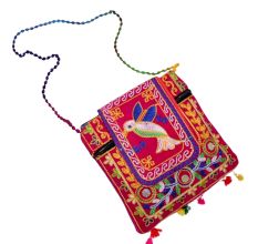Pink Ethnic Cotton Crossbody Bag with Bird Motif & Mirror Work - Jaipuri Handmade Embroidered Sling Bag