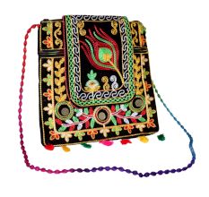 Jaipuri Handmade Black Embroidered Sling Bag - Cotton Crossbody Bag with Peacock Feather Motif & Tassels