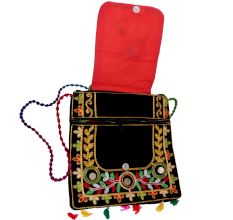 Jaipuri Handmade Black Embroidered Sling Bag - Cotton Crossbody Bag with Peacock Feather Motif & Tassels