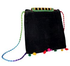 Jaipuri Handmade Black Embroidered Sling Bag - Cotton Crossbody Bag with Peacock Feather Motif & Tassels