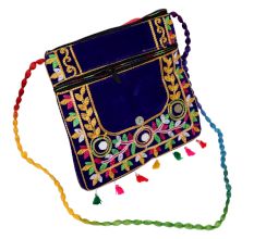 Jaipuri Handmade Velvet Embroidered Sling Bag - Royal Blue Ethnic Crossbody Bag with Mirror Work & Tassels