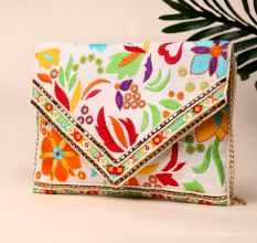 Boho Bloom Fiesta Vibrant Hand-Embroidered Sling Bag with Chain Strap