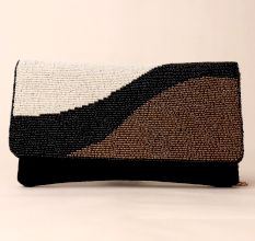 Monochrome Wave Hand-Beaded Sling Bag with Elegant Chain Strap