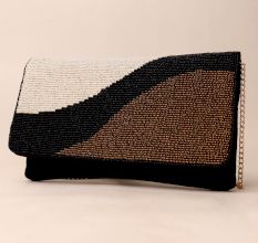 Monochrome Wave Hand-Beaded Sling Bag with Elegant Chain Strap