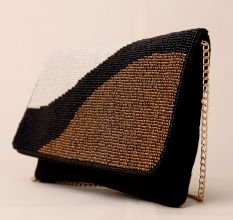 Monochrome Wave Hand-Beaded Sling Bag with Elegant Chain Strap