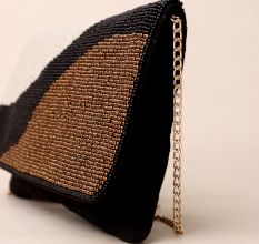 Monochrome Wave Hand-Beaded Sling Bag with Elegant Chain Strap
