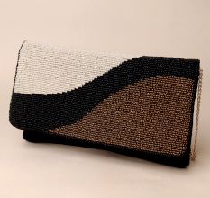 Monochrome Wave Hand-Beaded Sling Bag with Elegant Chain Strap