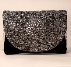 Midnight Elegance Hand-Beaded Floral Sling Bag with Gold Chain Strap