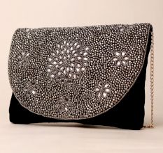Midnight Elegance Hand-Beaded Floral Sling Bag with Gold Chain Strap