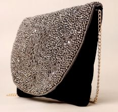 Midnight Elegance Hand-Beaded Floral Sling Bag with Gold Chain Strap