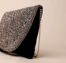 Midnight Elegance Hand-Beaded Floral Sling Bag with Gold Chain Strap