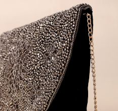 Midnight Elegance Hand-Beaded Floral Sling Bag with Gold Chain Strap