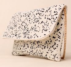 Monochrome Mist Hand-Beaded Sling Bag with Gold Chain Strap