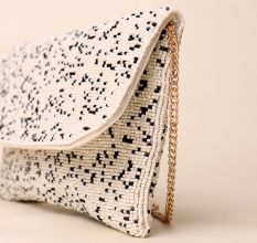 Monochrome Mist Hand-Beaded Sling Bag with Gold Chain Strap