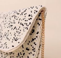 Monochrome Mist Hand-Beaded Sling Bag with Gold Chain Strap