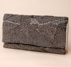 Starlit Noir Hand-Beaded Sling Bag with Gold Chain Strap