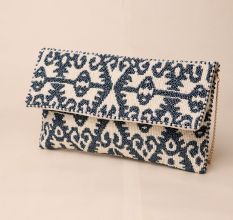 Royal Indigo Ikat Hand-Beaded Sling Bag with Gold Chain Strap