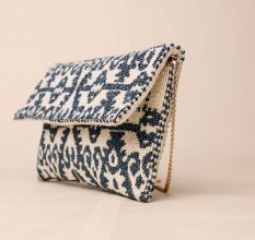 Royal Indigo Ikat Hand-Beaded Sling Bag with Gold Chain Strap