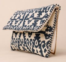 Royal Indigo Ikat Hand-Beaded Sling Bag with Gold Chain Strap