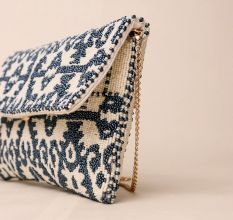 Royal Indigo Ikat Hand-Beaded Sling Bag with Gold Chain Strap