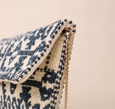 Royal Indigo Ikat Hand-Beaded Sling Bag with Gold Chain Strap