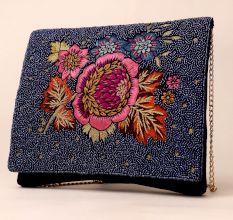 Midnight Bloom Hand-Beaded Sling Bag with Gold Chain Strap