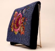 Midnight Bloom Hand-Beaded Sling Bag with Gold Chain Strap