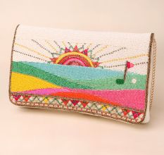 Hand-Beaded Sunrise Landscape Clutch with Vibrant Colors | Party Sling Bag