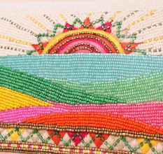 Hand-Beaded Sunrise Landscape Clutch with Vibrant Colors | Party Sling Bag