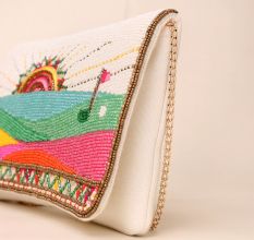 Hand-Beaded Sunrise Landscape Clutch with Vibrant Colors | Party Sling Bag