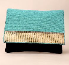 Turquoise Hand-Beaded Clutch with Woven Accent and Black Base
