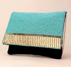 Turquoise Hand-Beaded Clutch with Woven Accent and Black Base