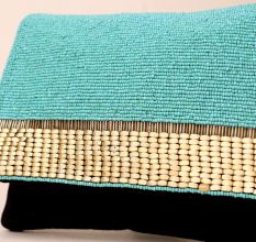 Turquoise Hand-Beaded Clutch with Woven Accent and Black Base